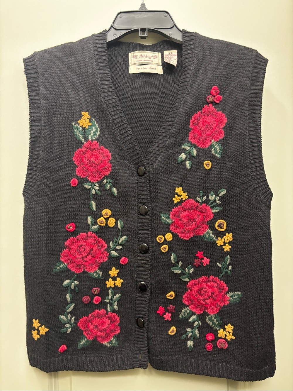 VTG 90s Ashley Hand Embroidered Floral Knit Sweater Vest Black L Cottagecore